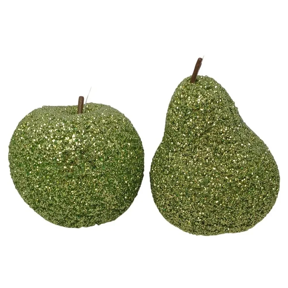 Sparkly Green Glitter Apple & Pear Ornament Set For Decor #D-13